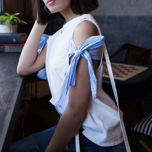 Blue White Striped Bow Tie Open Shoulder Tank Top - Picture 6 of 7